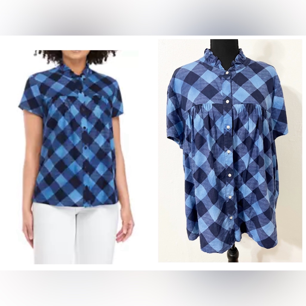 Crown & Ivy Subtly Ruffed Around The Neck Plaid Print Checkered Size 2x